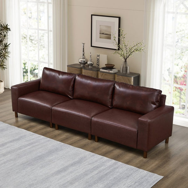 English Elm 112" Mid-century Faux Leather Three-seat Sofa with Rubberwood Legs for Living Room Burgundy W1097S00256