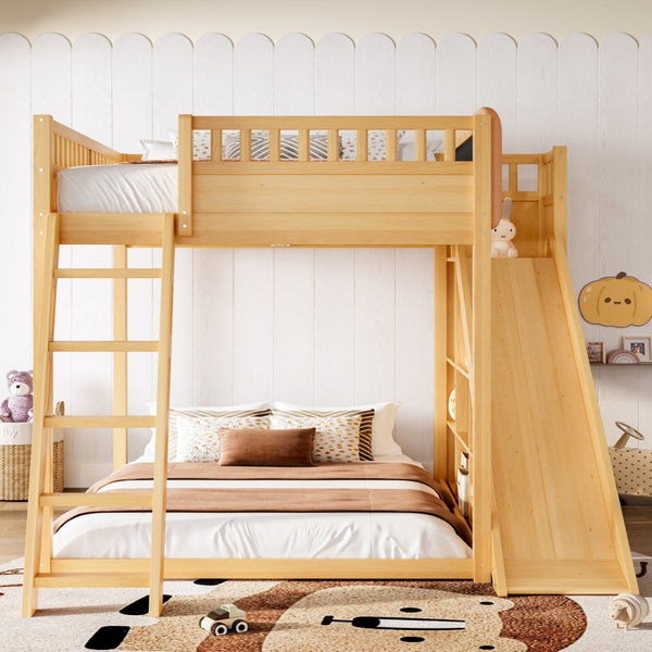 English Elm Full Size Kids Loft Bed Pine Frame Upholstered Headboard Built in Slide and Storage Shelves Natural W1580S00306
