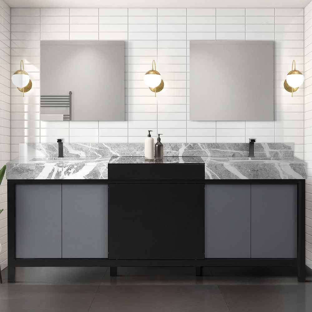 English Elm Black Black and Grey Double Bath Vanity 84in W x 22in D with Castle Grey Marble Top and Gun Metal Faucet Set B2731P261130