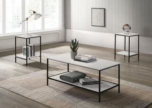 English Elm White Modern 3pc Table Set with Angular Geometric Metal Bases, Engineered Wood Surfaces, Sleek Living Room White 47 L x 21 W x 5 H B2741P392070