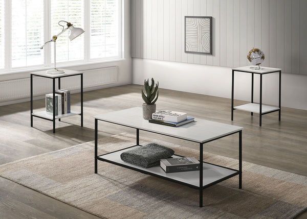 English Elm White Modern 3pc Table Set with Angular Geometric Metal Bases, Engineered Wood Surfaces, Sleek Living Room White 47 L x 21 W x 5 H B2741P392070