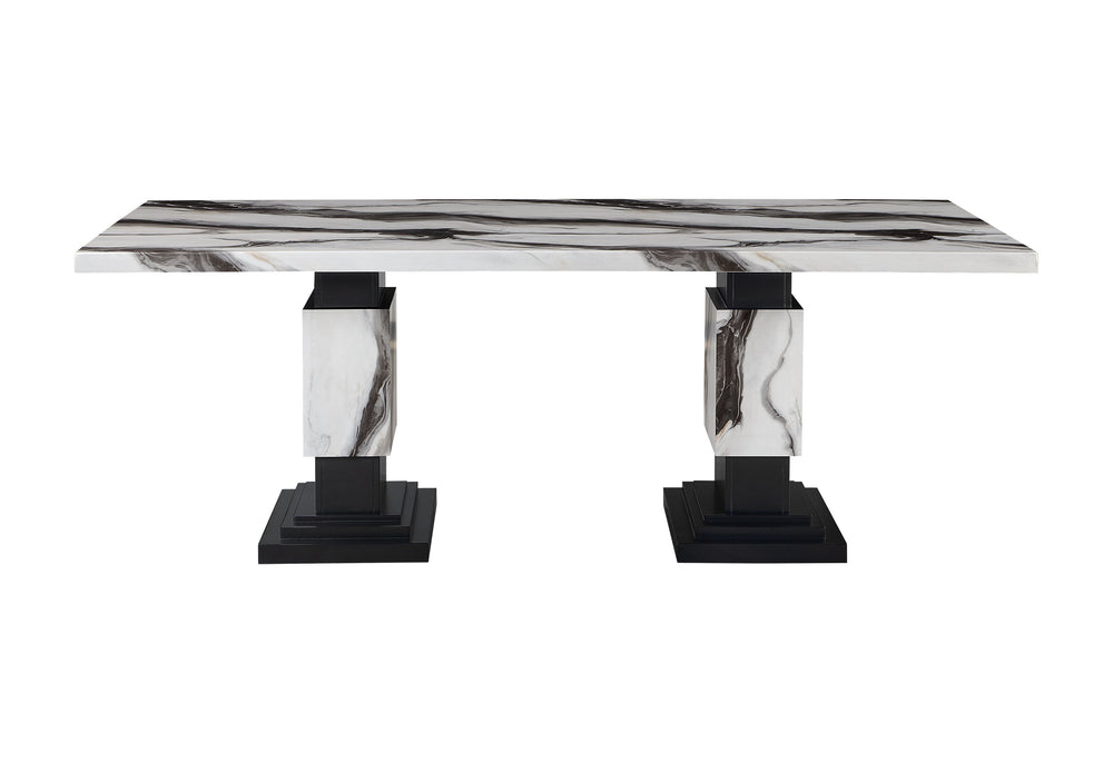 English Elm STACEY Zebra Faux Marble Dining Table in White/Black – Solid Wood/MDF Pedestal Base, Accent Legs B201S00096