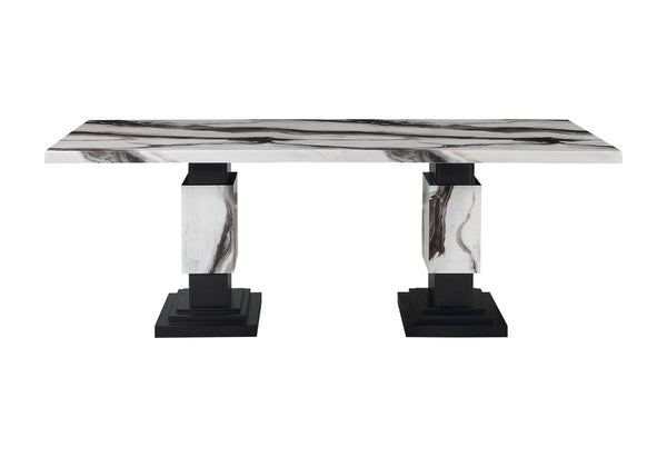 English Elm STACEY Zebra Faux Marble Dining Table in White/Black – Solid Wood/MDF Pedestal Base, Accent Legs B201S00096