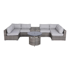 English Elm 9-Piece Luxury Outdoor Sectional Sofa Set with Fire Pit, Plush Cushions, HDPE Wicker in Gray B120S00151