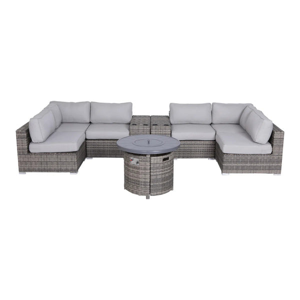 English Elm 9-Piece Luxury Outdoor Sectional Sofa Set with Fire Pit, Plush Cushions, HDPE Wicker in Gray B120S00151