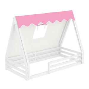 English Elm Twin Montessori Floor Bed Solid Pine Teepee Frame with Guardrails and Canopy Light W1580P369465