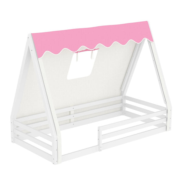 English Elm Twin Montessori Floor Bed Solid Pine Teepee Frame with Guardrails and Canopy Light W1580P369465