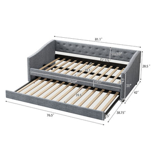 English Elm Twin Size Daybed With Trundle - Upholstered Light Grey Sofa Bed, Button-Tufted & Copper Nailhead Trim W2336S00042-GIGA