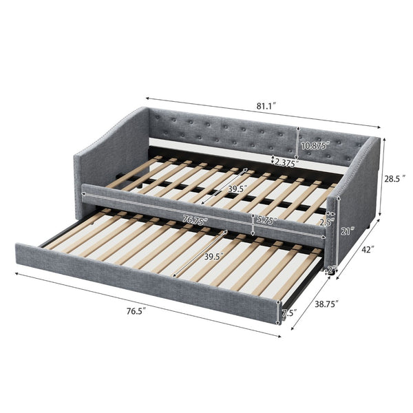 English Elm Twin Size Daybed With Trundle - Upholstered Light Grey Sofa Bed, Button-Tufted & Copper Nailhead Trim W2336S00042-GIGA