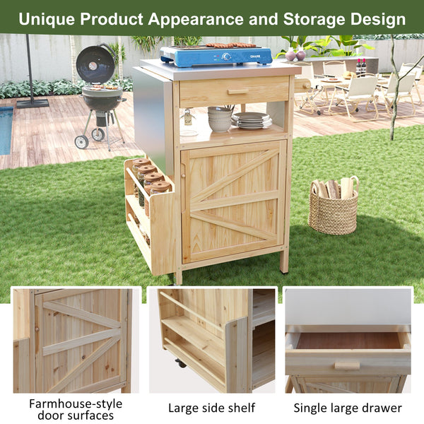 English Elm K&K 40.5" Outdoor Grill Cart with 201 Stainless Top, Solid Fir Storage, Drop Leaf & Lockable Wheels Natural N707P228272Y