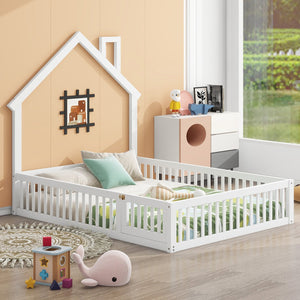 English Elm Wood House Platform Bed Full Size with Guardrail & Playful Frame, Sturdy Pine, Kid-Safe Design White N709P171852K