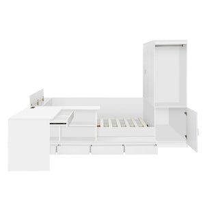 English Elm Full Size Wooden Platform Bed With Integrated Desk, 6 Drawers, Wardrobe & Modern Shelves, White Finish N820S00060K