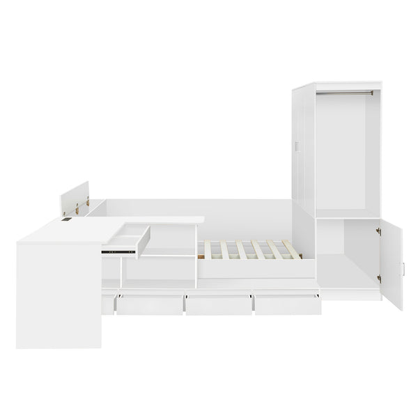 English Elm Full Size Wooden Platform Bed With Integrated Desk, 6 Drawers, Wardrobe & Modern Shelves, White Finish N820S00060K