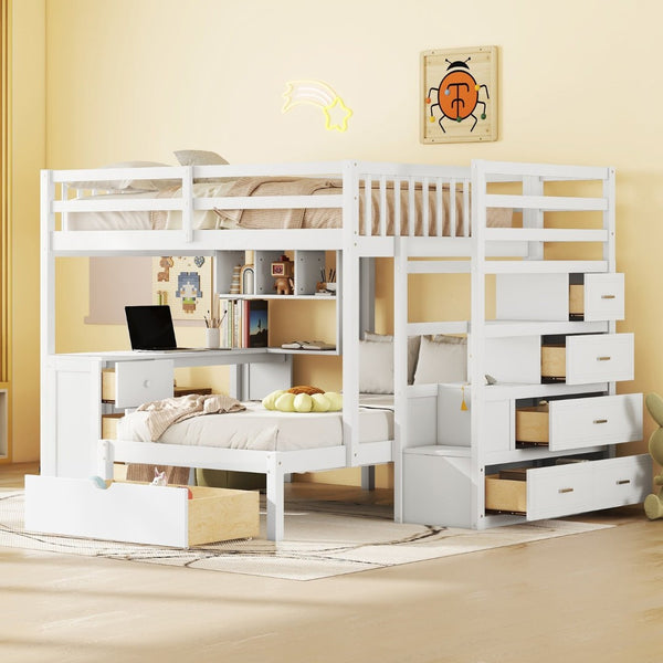 English Elm Full Over Twin Bunk Bed with Staircase Drawers Desk and Shelves in Gray White LT001605AAK-2