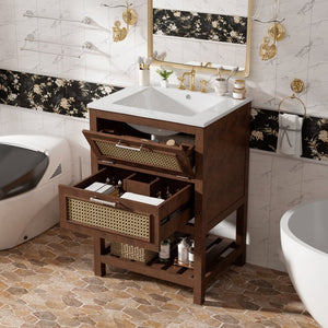 English Elm 24" Rattan Front Bathroom Vanity with Ceramic Sink Deep Drawer Storage Mdf Cabinet Dark Brown N710P293990P