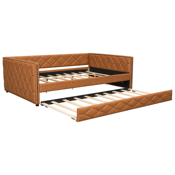 English Elm Full XL Upholstered Daybed with Trundle and Built-In LED Lighting, Tufted Arms, Solid Wood Frame Brown N7090000611D