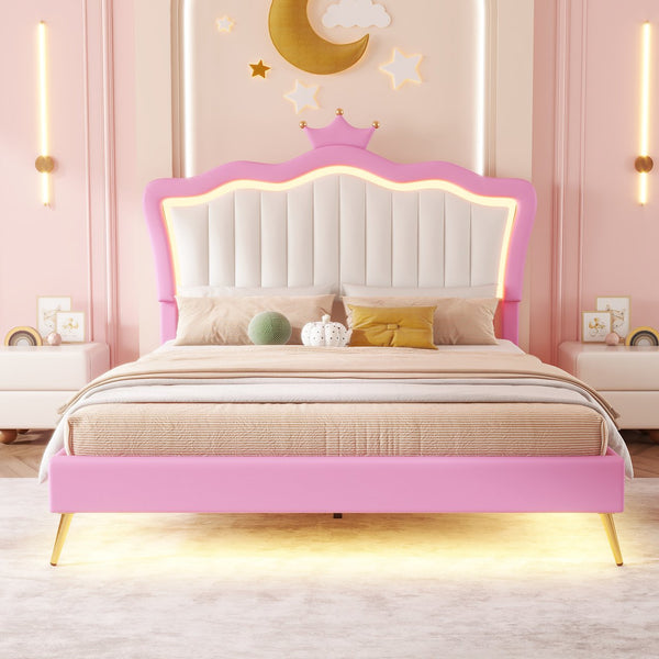 English Elm Full Size Upholstered Princess Bed Frame With Led Lights, Crown Headboard In Pink & White Design W2770P190360