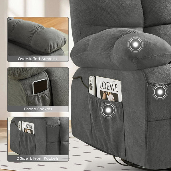 English Elm Massage Swivel Recliner Oversized Chair with Heating Nodes and Usb Port for Living Room Gray W1521P352671