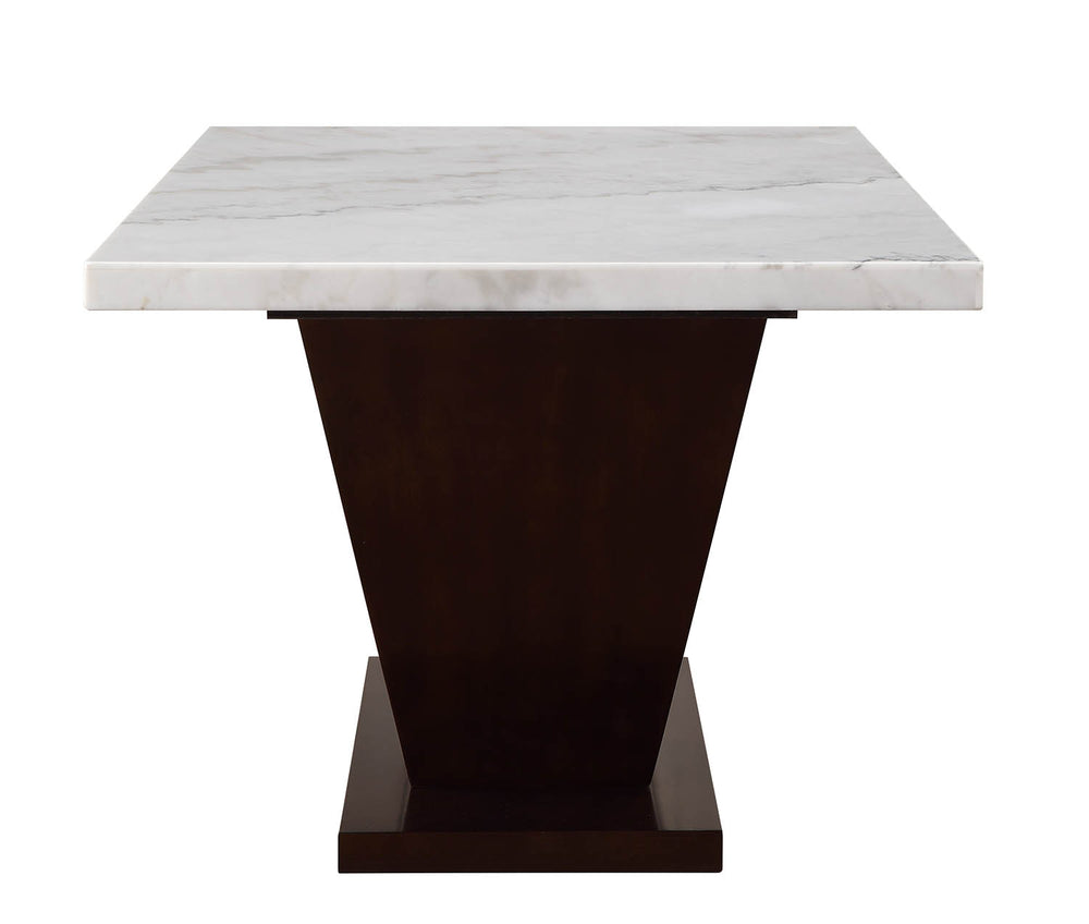 English Elm Forbes White Marble Top Dining Table with 2" Real Marble, Walnut V-Shape Base, Rectangular Leg Design B2726S00377