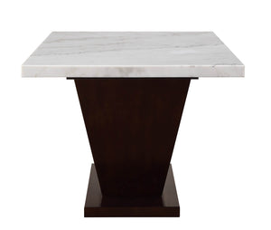 English Elm Forbes White Marble Top Dining Table with 2" Real Marble, Walnut V-Shape Base, Rectangular Leg Design B2726S00377