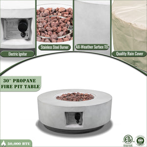 English Elm 30" 30" Propane Gas Fire Pit Table 50,000 BTU Round Concrete MgO Patio Heater with Rocks and Cover W853P272284