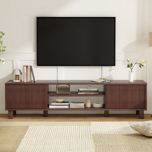 English Elm Modern Low Profile Media Console with Open Shelving and Concealed Cabinet Storage Walnut T3623P435419