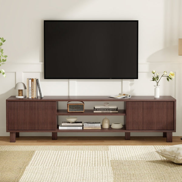 English Elm Modern Low Profile Media Console with Open Shelving and Concealed Cabinet Storage Walnut T3623P435419