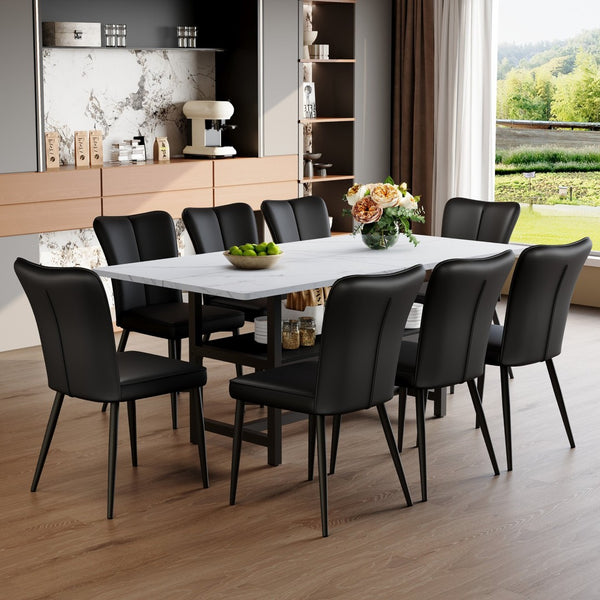 English Elm Table And Chair Set - Modern 71" White Grain Dining Table With Storage & 8 Stylish Black Pu Chairs W1151S04269-GIGA