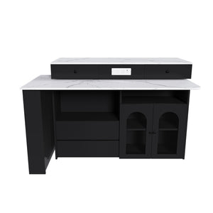 English Elm Kitchen Island Marble Veneer Retro Style Rotating Expandable Top Built-in Outlets Mdf Black W2700S00119