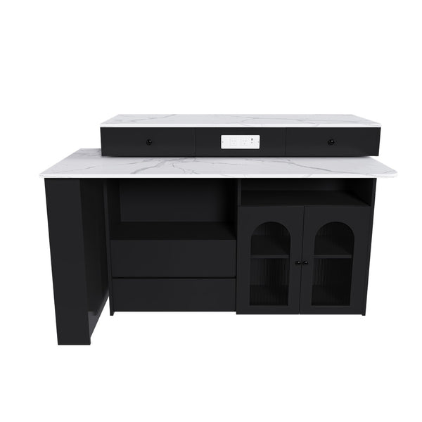 English Elm Kitchen Island Marble Veneer Retro Style Rotating Expandable Top Built-in Outlets Mdf Black W2700S00119
