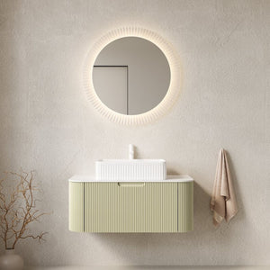 English Elm Dina Floating Bathroom Vanity Sintered Stone Top Glass Basin Striped Plywood Cabinet W2615S00174