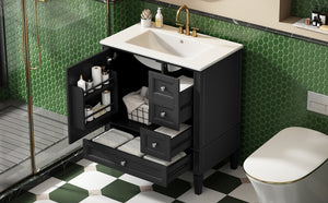 English Elm 30 30 Inch Bathroom Vanity with Ceramic Sink, Modern Compact 3-Drawer Storage Cabinet for Small Baths Black N710P247499B