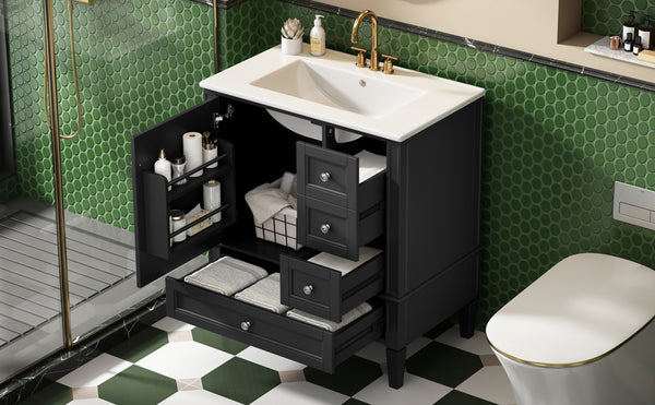 English Elm 30 30 Inch Bathroom Vanity with Ceramic Sink, Modern Compact 3-Drawer Storage Cabinet for Small Baths Black N710P247499B