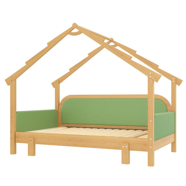 English Elm Twin Pine Treehouse Floor Bed with Padded Rails and Cabin Roofline for Kids Green W1580S00384