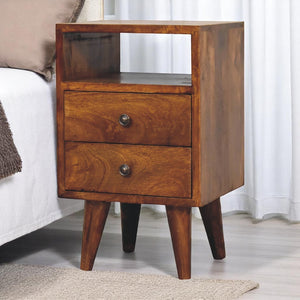 English Elm Solid Wood Mini Classic Chestnut Bedside with 2 Drawers & Open Shelf, Nordic Legs, Dark Brown Finish — Timeless Elegance for Cozy Modern Homes B182P166571