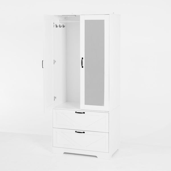 English Elm 2 Door White Wardrobe Closet with Mirror Hanging Rod Drawers and Auto Interior Light W409P167477