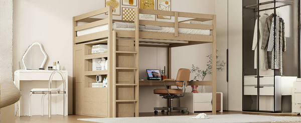English Elm Wood Full Size Loft Bed with Built-In Desk, Wardrobe, Shelves & Drawers for Space-Saving Rooms Walnut GX000466AAD