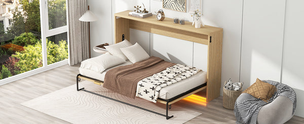 English Elm Twin Murphy Bed XL Cabinet with LED Light, Gray Finish, Space-Saving Foldaway Design, 800lb Capacity N709P002050N