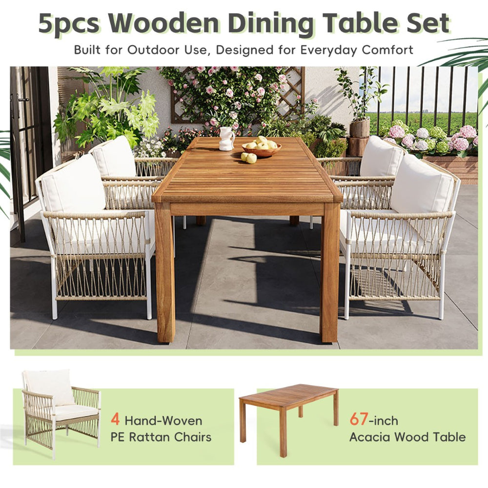 English Elm Topmax Outdoor Acacia Wood Dining Set with Wicker Arm Chairs for Patio Garden SP100032AAN
