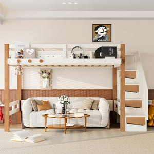 English Elm Twin Pine Wood Loft Bed with Built-in Shelving and Hook for Kids Bedroom W5305S00010