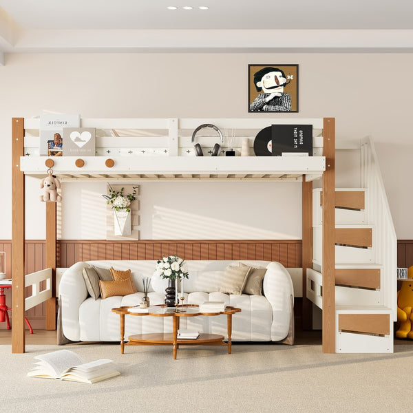 English Elm Twin Pine Wood Loft Bed with Built-in Shelving and Hook for Kids Bedroom W5305S00010