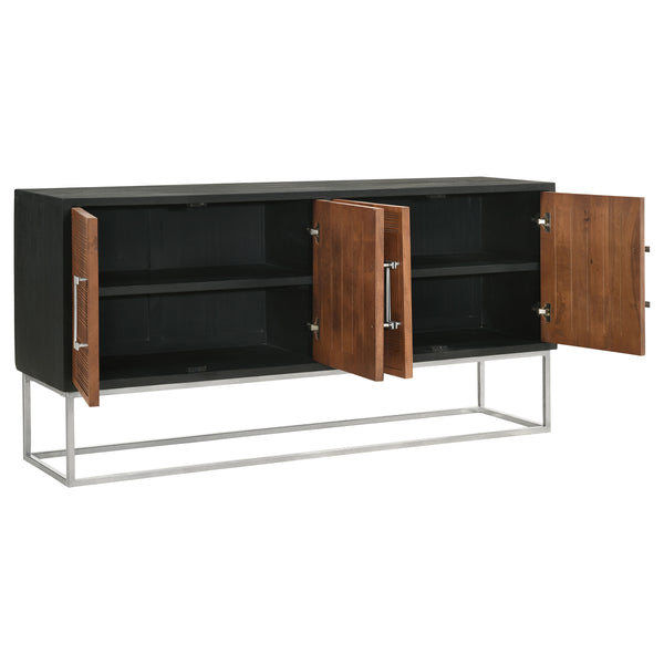 English Elm Washoe Rustic Walnut and Silver 4-Door Accent Cabinet with Metal Legs, Storage Shelves, 67"W B062P358336