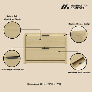 English Elm Grace 28" Nightstand with 2 Drawers in Natural Oak & Black — Modern MDF, Solid Wood Accents, Glam Handles B365P398194
