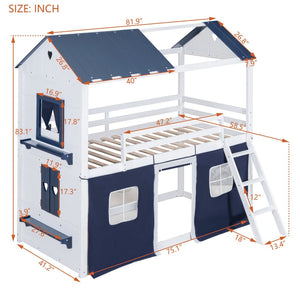 English Elm Twin Playhouse Bunk Bed Pinewood Cottage Style with Framed Windows and Cozy Lower Nook LT000359AAC
