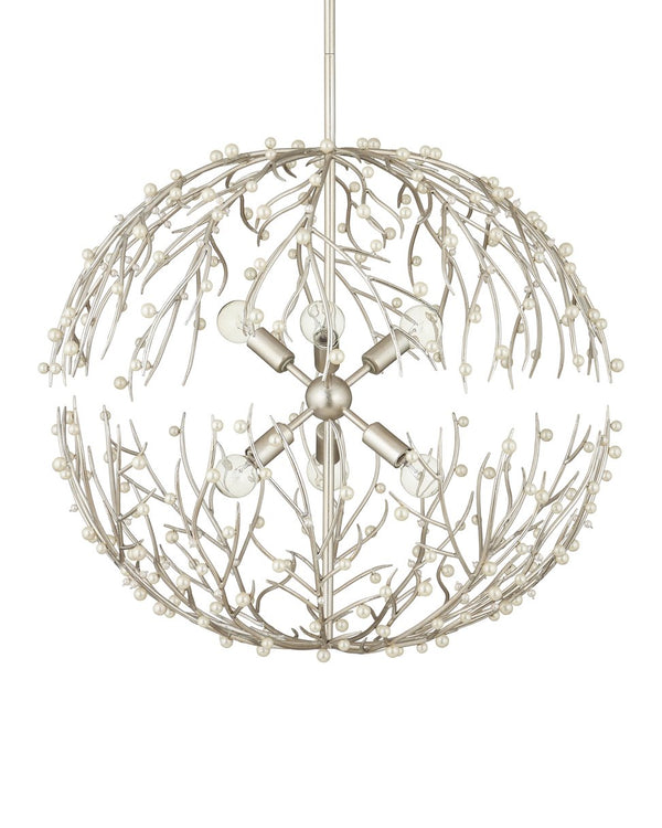 Currey & Company Shinju Pearl Orb Chandelier - Elegant Silver Leaf Design With Fresh-water Pearls & Adjustable Height Silver Pearl ,Wrought Iron 9000-1291-currey-company