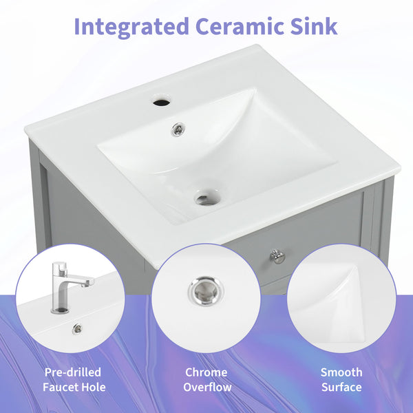 English Elm 20" Bathroom Vanity with Ceramic Sink, MDF Construction, Soft-Closing Door, Storage Rack & Shelf Grey N725P218017E