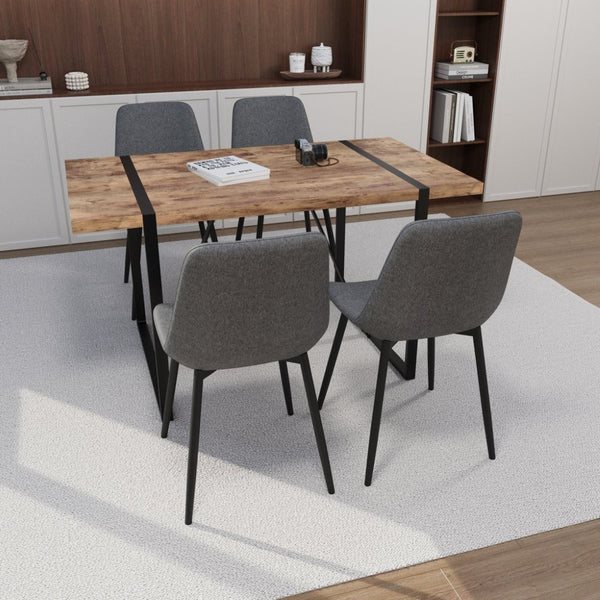 English Elm 55" Dark Wood Mdf Dining Table Set with Four Suede Chairs Matte Black Metal Base W2189S00937