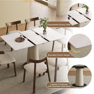 English Elm Retractable Rock Slab Dining Set with Leather Wrapped Base for Compact Apartments W2700S00104