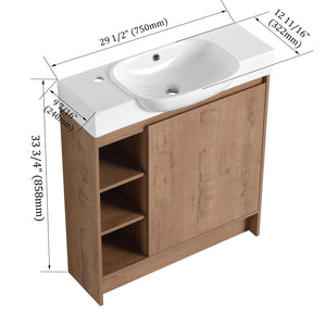 English Elm 30'' Freestanding vanity with white ceramic sink, soft-close doors, water-resistant melamine finish, modern handle design Imitative Oak W999P310754