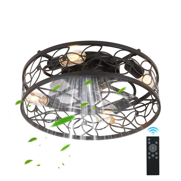 English Elm 18-inch Vintage Caged Ceiling Fan Light with Remote, Quiet DC Motor, Industrial Farmhouse Fixture Black W1340P246414